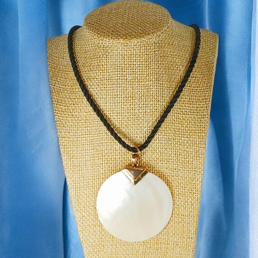Black Satin Cord Medallion Necklace with Mother of Pearl Charm Oceancore Seaside
